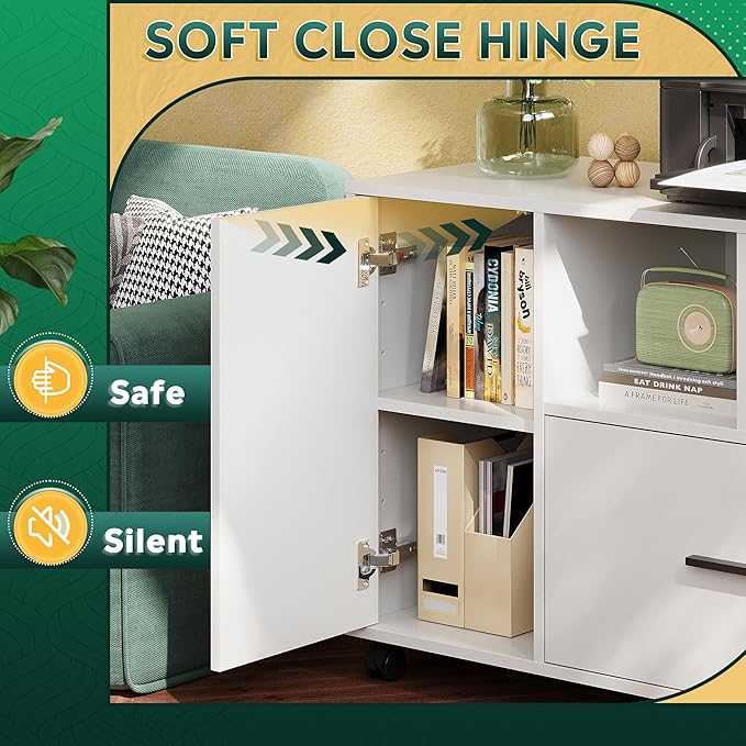 DEVAISE Office File Cabinet with Lock, 1-Drawer Wood Lateral Filing Cabinet on Wheels, Printer Stand with Open Storage Shelves for Home Office, White