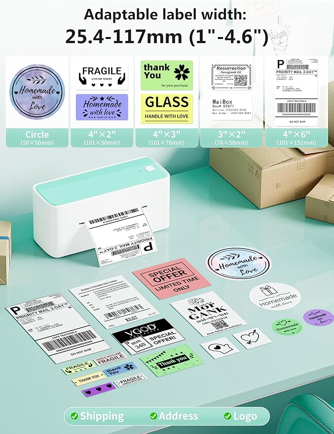 Phomemo Bluetooth Thermal Shipping Label Printer, 241BT Wireless Thermal Label Printer for Shipping Packages, Inkless Thermal Shipping Label Printer, Compatible with iPhone, Android, Green