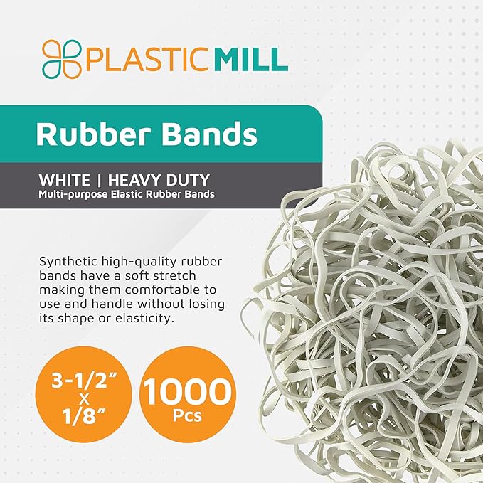 PlasticMill White Rubber Bands Size 33 (3 1/2" x 1/8") - #33 Rubber Bands Office Supplies - Strong, Elastic Bands for Crafts, Balloon Garland, Cash, File Folders (1,000-Pack)