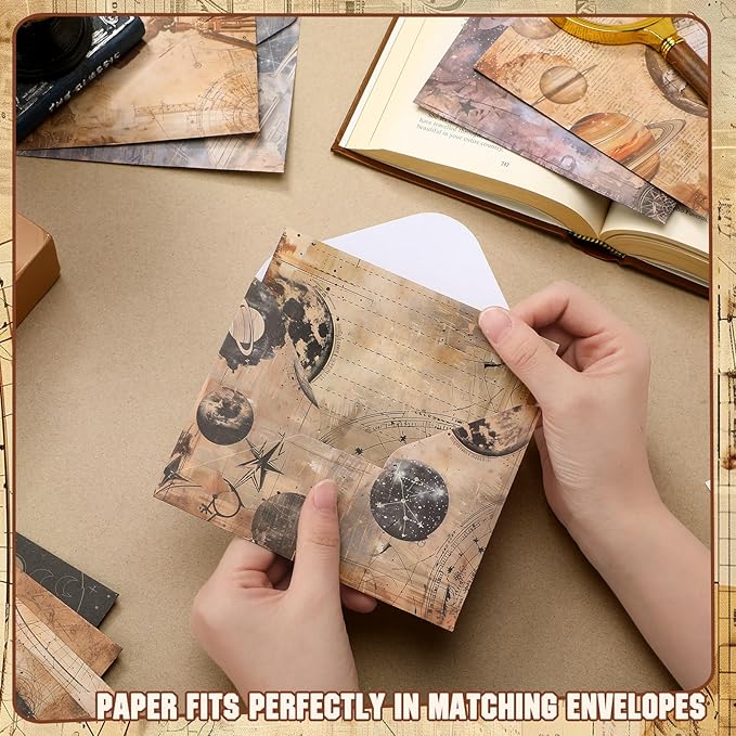 TaoBary 160 Pcs Stationery Paper Set 50 Double Sided Stationery Papers with 50 Matching Envelopes and 60 Round Dot Sticker, 10 Design(Space Spoon,5.5 x 8.25 Inch)