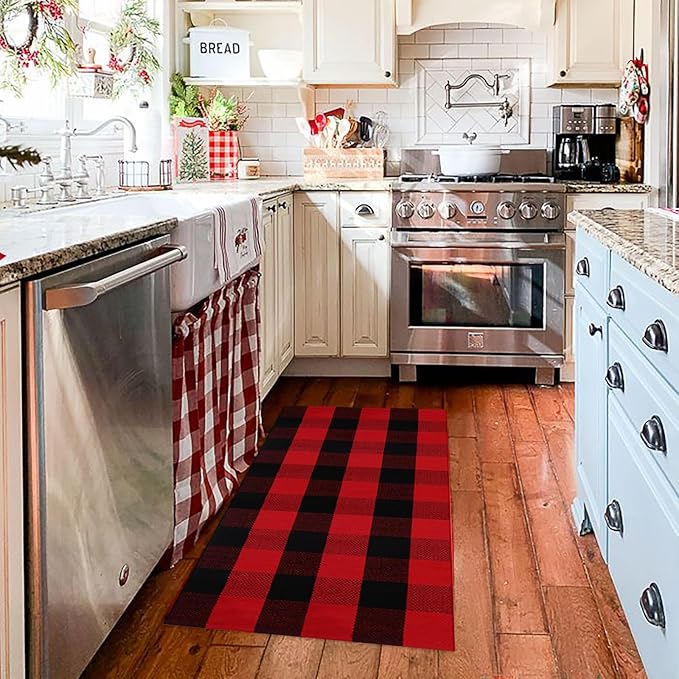 Christmas Plaid Outdoor Rug, 2' x 4'3'' Red & Black Check Indoor/Outdoor Area Rug, Layering Rug for Hello/Welcome Door Mat, Machine Washable Cotton Woven Rug for Farmhouse Front Porch, Entryway