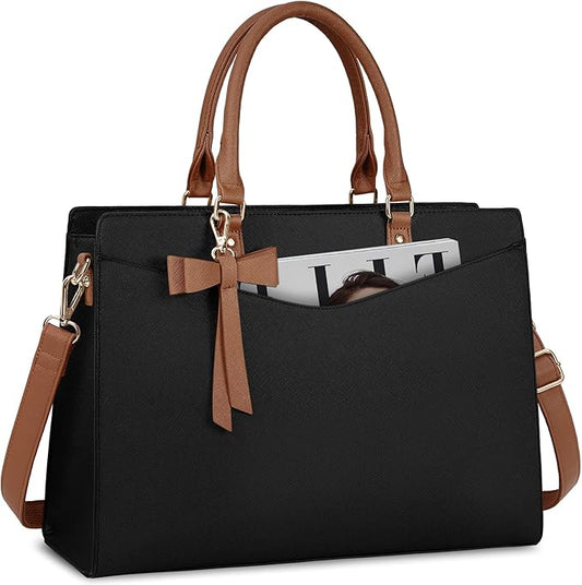 RAINSMORE Laptop Bag for Women 15.6 Inch PU Leather Laptop Tote Bag Professional Business Office Briefcase Waterproof Work Bag Computer Tote Bag Large Lightweight Handbag Shoulder Bag