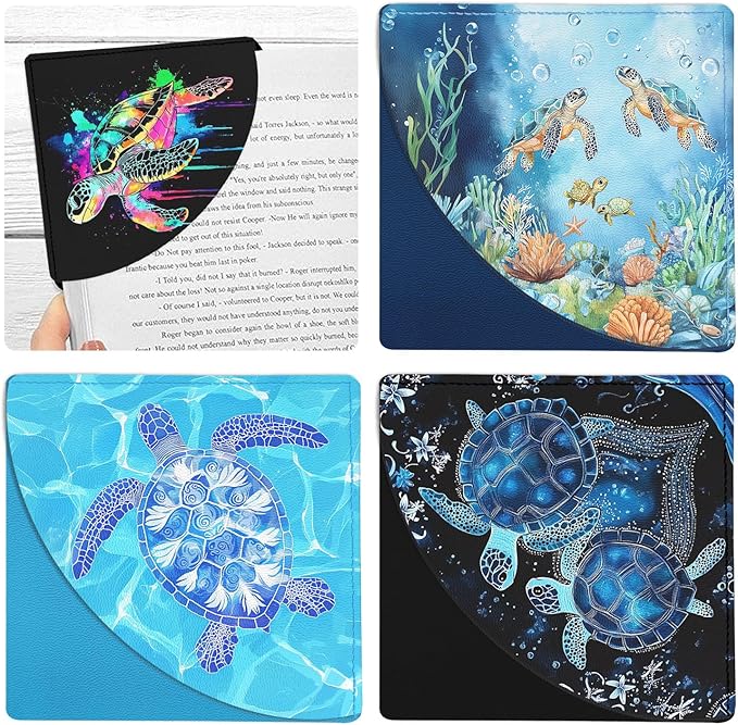 Cute Turtle Corner Bookmarks 4 Pcs, Sea Animal Leather Book Accessories for Book Lovers, Funny Reading Book Page Markers for Women Girls Men Teacher Student Boys Kids Birthday Gifts