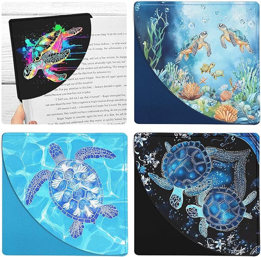 Cute Turtle Corner Bookmarks 4 Pcs, Sea Animal Leather Book Accessories for Book Lovers, Funny Reading Book Page Markers for Women Girls Men Teacher Student Boys Kids Birthday Gifts