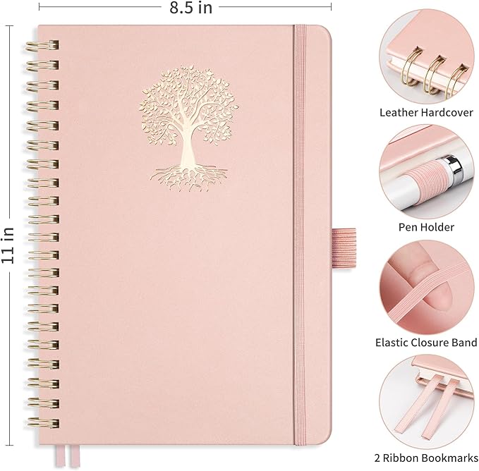 RETTACY Bullet Dotted Journal Notebook, 110 Pages, A4 Large Size (8.5" × 11"), Leather Hardcover, 100 GSM Thick Paper, Spiral-bound, for Bullet Journaling, Planning, Tracking (Rose Gold)