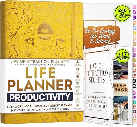Law of Attraction Planner – Undated Hourly, Weekly & Monthly Goal Setting Planner, 12-Month to Increase Productivity | Life & Gratitude Journal, Include Foldable Vision Board, Gift Box & Stickers