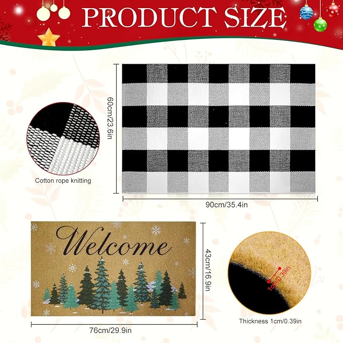 2 Pcs Christmas Welcome Doormats 30 x 17 Inch Christmas Pine Coir Door Mats for Front Doors Nonslip 2-in-1 Seasonal Buffalo Plaid Rug for Holiday Outside Entrance Porch Home Decor