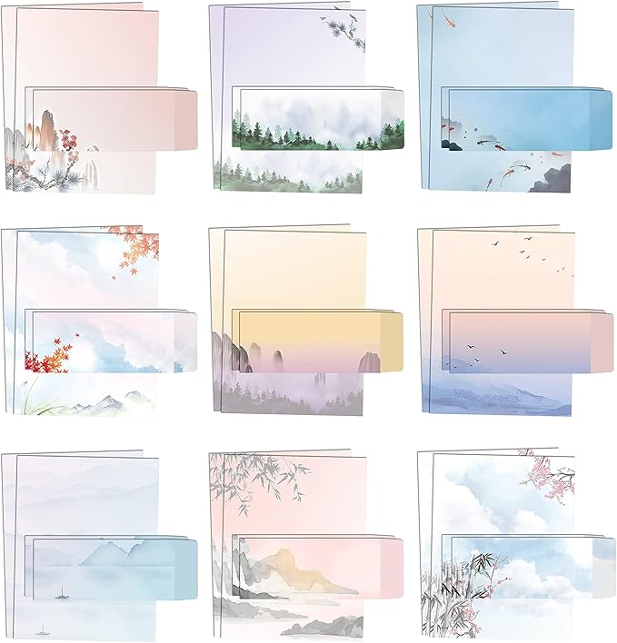 Better Office Products Japanese Watercolor Stationery Paper Set, 100 Piece Set (50 Sheets + 50 Matching Envelopes), Letter Size 8.5 x 11 inch, 9 Designs, Double Sided Printing Paper,