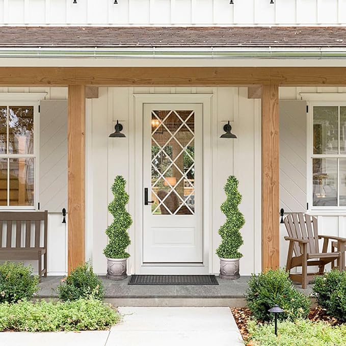 3FT Artificial Spiral Boxwood Topiary Trees with Antique-White Roman-Style Planter - Outdoor&Indoor Year-Round Garden, Porch, Entryway Decor (2 Pack)