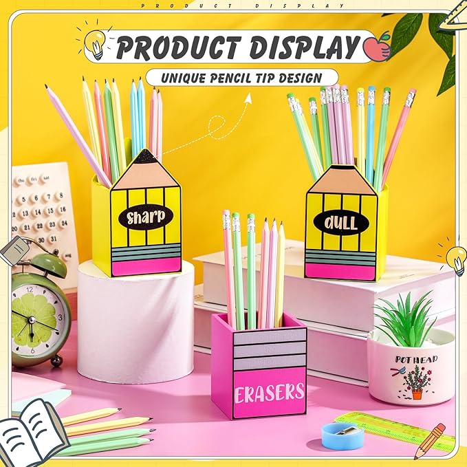 3 Pcs Sharp and Dull Pencil Holder Eraser Buckets Wooden Shaped Dispenser Finished Pen Holder No Diy for Back to School Teachers Classroom Management(Stylish)