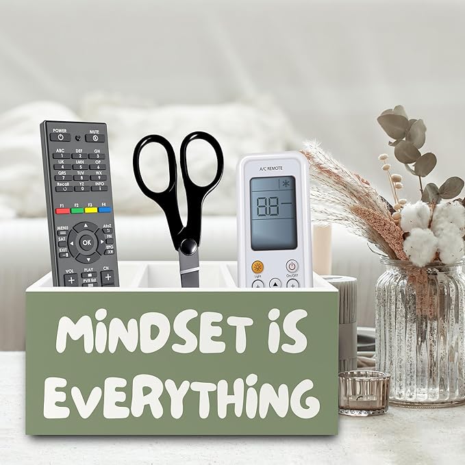 Green Inspirational Pen Pencil Holder Organizer for Desk, Inspirational Gifts for Women, Mindset Is Everything Motivational Wooden Box Sign for Home Office Desk Tabletop Decorations