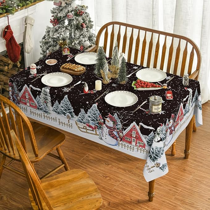 Horaldaily Christmas Tablecloth 60×120 Inch Rectangular, Winter Snowman House Christmas Trees Black Washable Table Cover for Party Picnic Dinner Decor