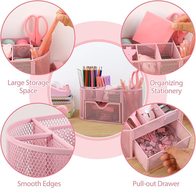 Office Supplies for Desk,14pcs Pink Desk Sets and Accessories, Office Supply Kit with Mesh Desktop Organizer and Stapler,Staple Remover, Staples,Tape Dispenser,Sticky Tabs,Scissors, Ruler