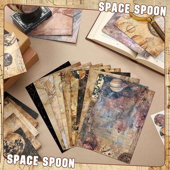 TaoBary 160 Pcs Stationery Paper Set 50 Double Sided Stationery Papers with 50 Matching Envelopes and 60 Round Dot Sticker, 10 Design(Space Spoon,5.5 x 8.25 Inch)