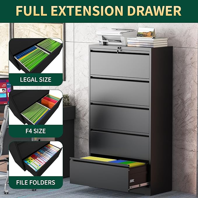 5 Drawer Lateral File Cabinet with Lock, Metal File Cabinets for Home Office, Steel Heavy-Duty Filing Storage Cabinet for Letters/Legal/A4 (Require Assembly, Black)