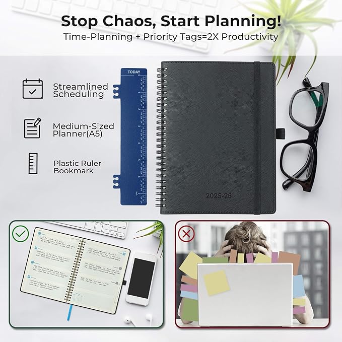 Planner 2025-2026 Daily Weekly and Monthly,11.5"x8.5",18 Months Spiral Bound Calendar Agenda with Self-adhesive Pen Holder,2026 Academic Plan with Vegan Leather Soft Cover,Black