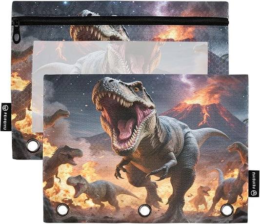 Dinosaurs Roar Pencil Pouch for 3 Ring Binder, 2 Pack Waterproof Pencil Bags Clear Window Zipper School Office Supplies