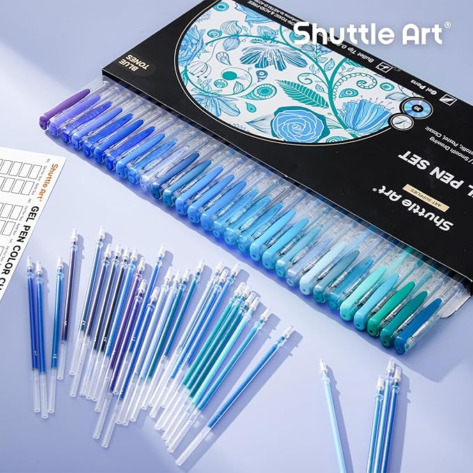 Shuttle Art 60 Pack Blue Tone Gel Pens, 30 Blue Tone Gel Pens with 30 Refills for Adults Coloring Books Journaling Drawing Nature, Landscapes, Animals Scenes