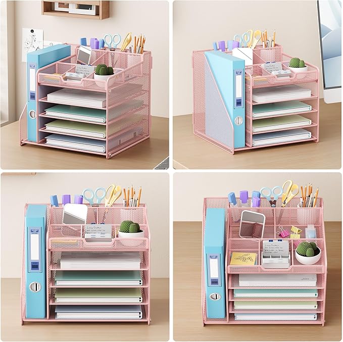 Lavatino Desk Organizer, 5-Tier Metal Mesh Paper Letter Tray with File Holder & 7 Flexible Dividers for Office or Home Desk Organizers and Accessories, Keep Workspace Supplies Neat & Organized, Pink
