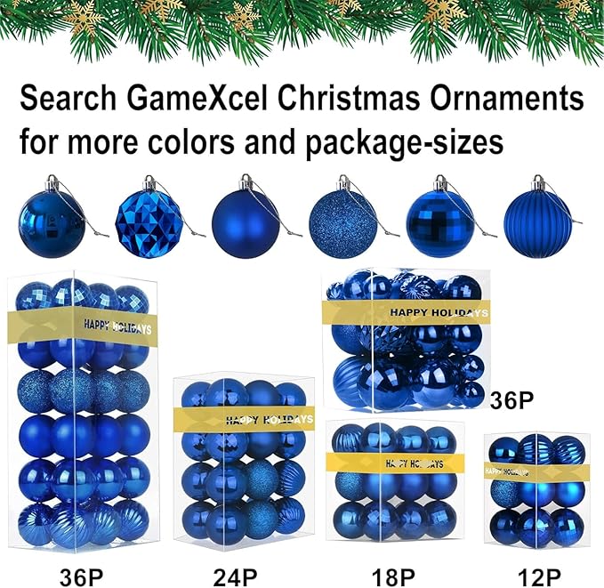 Royal Blue Christmas Ornaments - Christmas Tree Decorations Shatterproof Hanging Balls for Birthday Wedding Holiday Decor Set of 36pcs, Multi-Sizes(1.6",2.5",3.2")