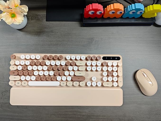 Wireless Keyboard and Mouse Combo, Round Keycaps, Full-Size Retro Typewriter Keyboard with Detachable Wrist Rest, Sleep Mode & Tilt Legs, 2.4GHz Cordless Connection for Mac/Windows/PC (Latte)