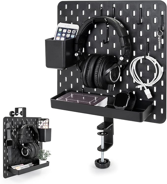 EHO Clamp-On Desk Pegboard, 13.5 x 14 inch Privacy Divider, Desk Partition Panel, No-Drill Desk Mounted Organizer, Combination Peg Board for Office, Gaming, Home, Plants, Black