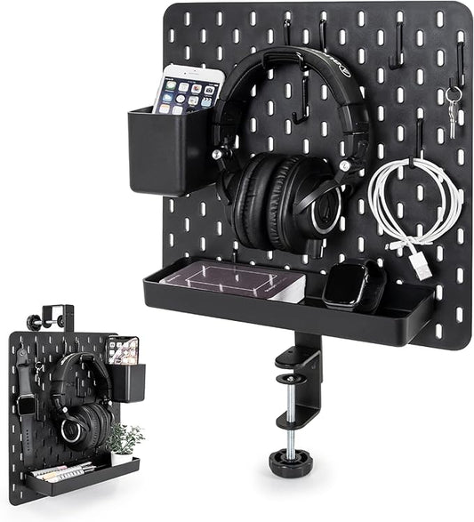 EHO Clamp-On Desk Pegboard, 13.5 x 14 inch Privacy Divider, Desk Partition Panel, No-Drill Desk Mounted Organizer, Combination Peg Board for Office, Gaming, Home, Plants, Black