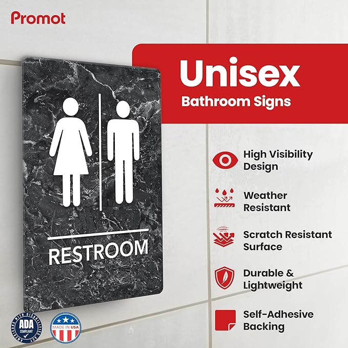 Promot Unisex Bathroom Sign – ADA Braille Restroom Sign for Business, Self-Adhesive, 9" x 6", Commercial Door Signage, Office Wall Decor - Marble Charcoal
