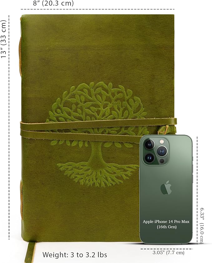 LUXEORIA Tree Of Life Leather Journal for Women and Men, Handcrafted Leather Journal for Writing Womens, Sketchbook, Travel Diary with Unlined Deckle Paper, Mint Green 8x13