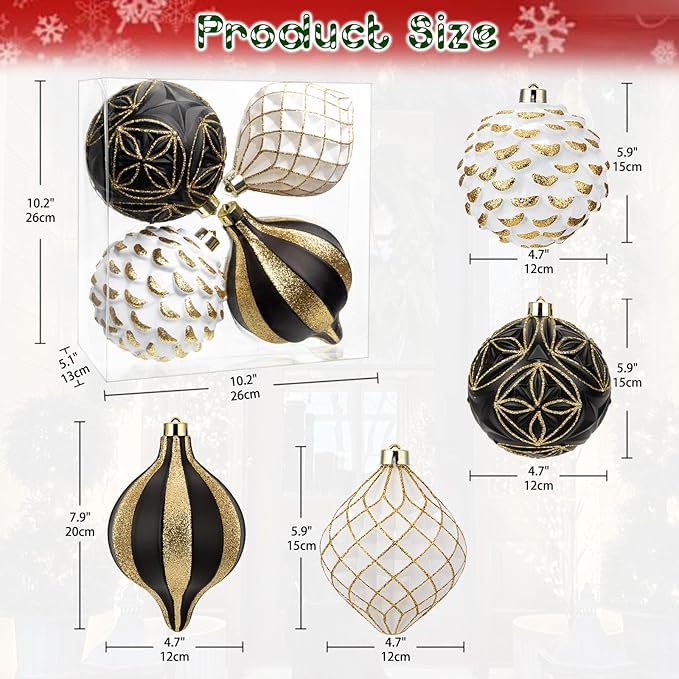 Hollyone 4.7 Inch Large Black and White and Gold Christmas Ornaments 4Pcs Balls Shatterproof Christmas Hanging Ornaments for Xmas Tree Decor Wedding Party Wreath Home Decor (Black & Gold, 120mm)