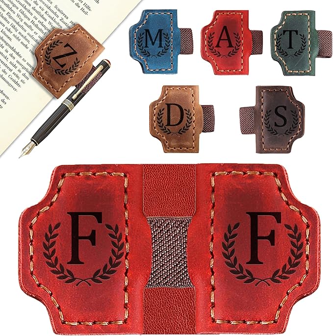 Bygone Mark Bookmark with Pen Holder, 26 Letters Name Initial Personalized Magnetic Bookmarks, Leather Book Mark for Men Women, Travelers Accessories, Teachers Readers Book Lovers Gifts (Red, F)