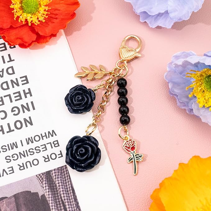 Rose Purse Charms Cute Flower Keychain With Heart Sticker Charm Chain For Kindle Colorful Bag Charms For Handbags