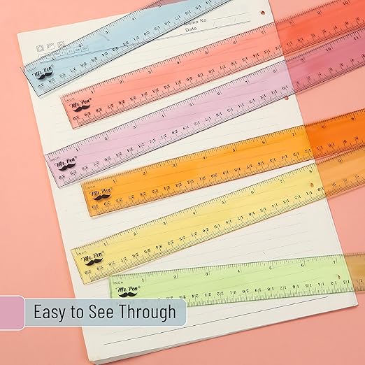 Mr. Pen- Plastic Rulers, 12 Inch, 6 Pack, Pastel Colors, Metric & Imperial, Clear Ruler Set, Cute Ruler 12 Inch