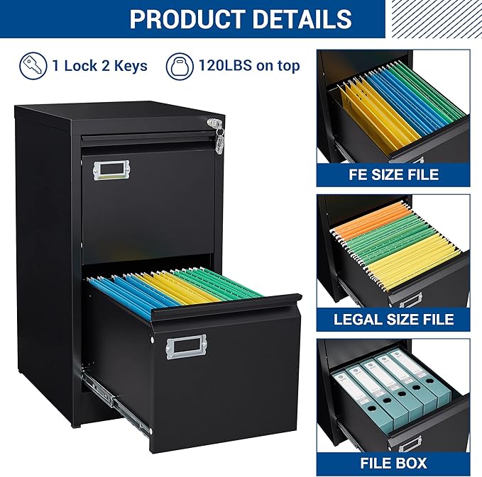2 Drawers Vertical File Cabinets - 17.8" Deep Lockable Filing Cabinet - Black Metal Storage Cabinets for Home Office to Hanging Files Letter/Legal/F4/A4 Size