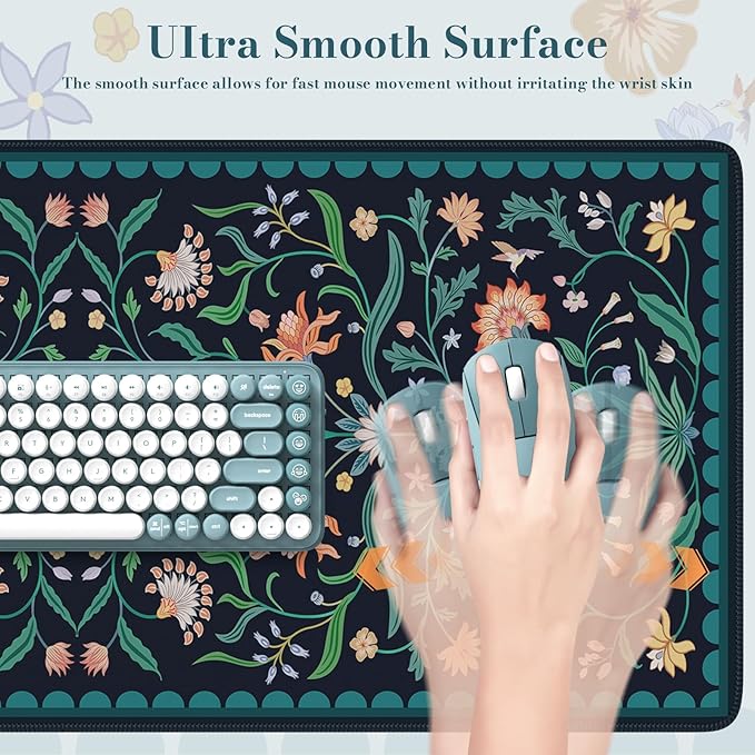 HAOCOO Navy Blue Iris Desk Mat, Large Mouse Pad, Non-Slip Keyboard Mat, Water-Resistant Computer Pad with Edge Stitching, Vintage Floral Desk Cover Mat, Desk Protector for Office, Home