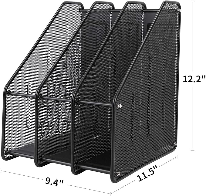 deli Mesh Magazine File Holder, Desk Organizer File Folder Document Rack for Office Organization and Storage, 3 Vertical Compartments, Black