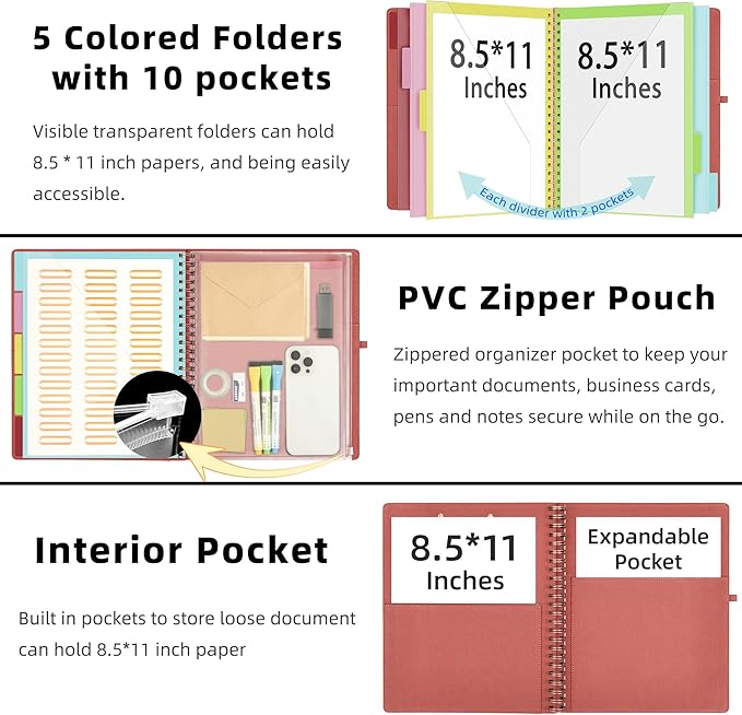 Ospelelf Red Foldable Spiral Clipboard Folio with Storage Zipper Pouch, 5 Plastic Folders with 10 Pockets, Refillable Lined Notepad (11" x 8.5"), Linen Hardcover Project Organizer