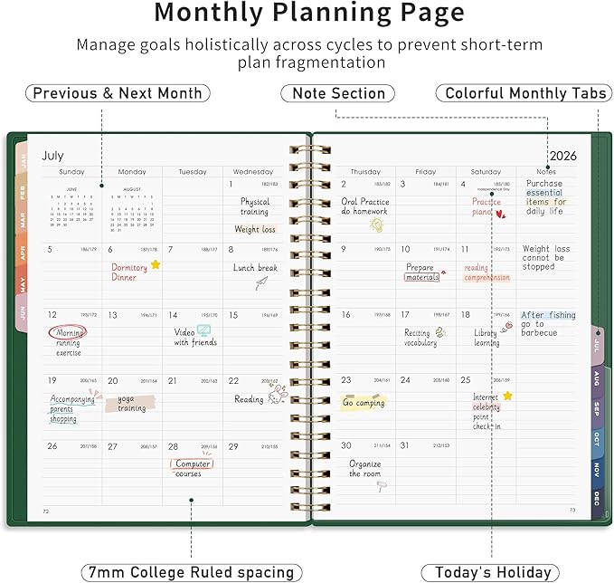 RETTACY 2026 Planner, Weekly and Monthly, Large Size (8.5" x 11"), Jan - Dec 2026, Agenda, Calendar, 12 Month Tabs, Flexible Plastic Cover, 100 GSM Thick Paper, Spiral-bound (Dark Green)