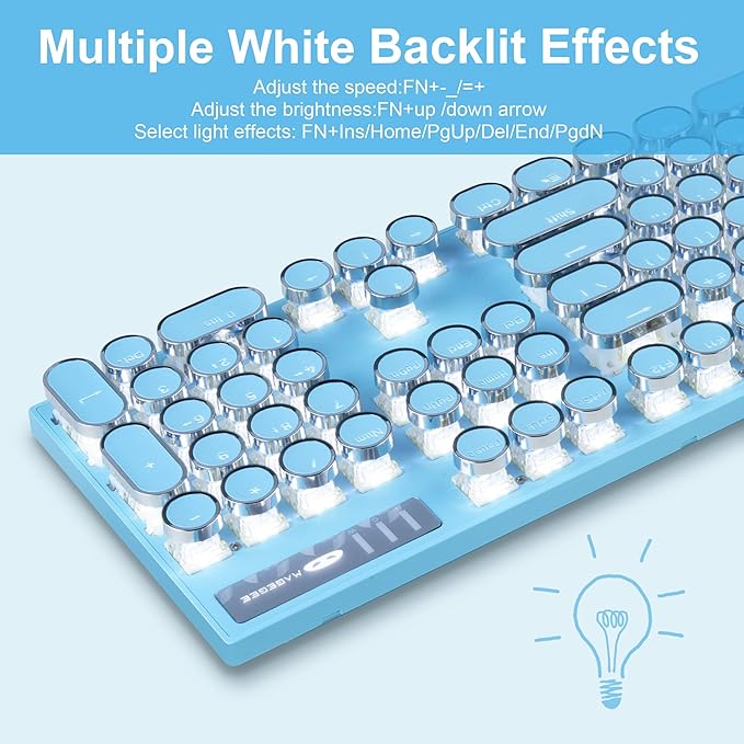 Typewriter Style Mechanical Gaming Keyboard,Retro Punk Gaming Keyboard with White Backlit, 104 Keys Blue Switch Wired Cute Keyboards with Detachable Wrist Rest,Blue Keyboards for Office/PC/Laptop