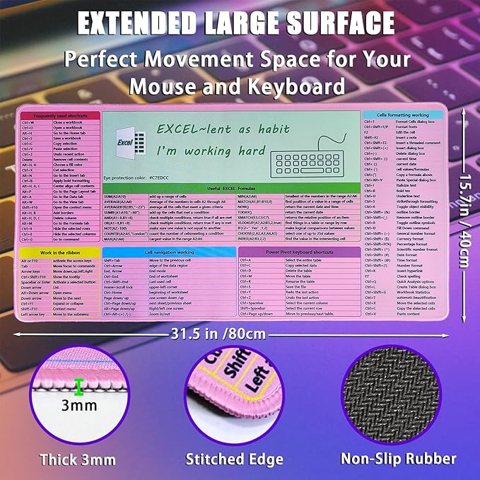 Pink MS Excel Shortcut Mouse Pad Desk Mat,Large Excel Cheat Sheet Desk Pad,Spreadsheet Keyboard Mats Mousepad,Non-Slip Stitched Edge,Office Desk Essentials for Women,31.5 * 15.7 inch