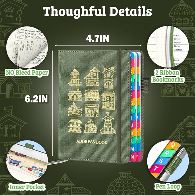 Address Book with Colorful Alphabetical Tabs (4.7" X 6.2") – Telephone Address Contact Book for Seniors, Address Book with Space for Website Address and Internet Passwords (Sage Green)