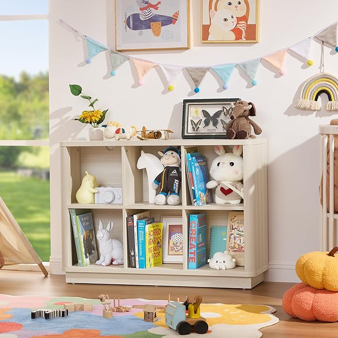 6 Cube Bookcase, 40" Wide Low Horizontal Book Shelf w/Curved Edge, Wood Floor Standing 2-Tier Bookshelf with Base, Modern Short Storage Cabinet Book Case for Bedroom, Office, White Cream Oak