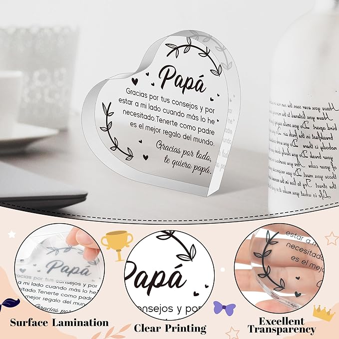 Yopyame Spanish Dad Birthday Gifts - Regalos para Papá Heart Acrylic Plaque for Office Desk Decor Keepsake Paperweights Gifts for Dad in Spanish Christmas Father's Day Gifts for Dad from Daughter Son