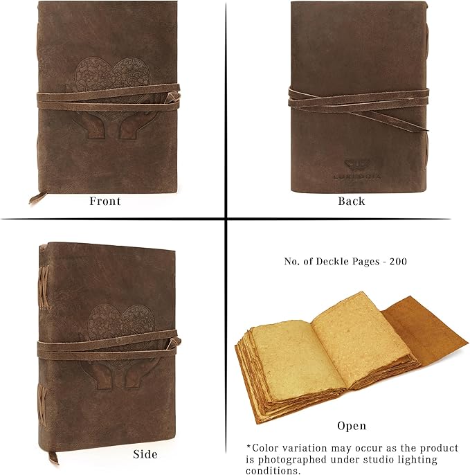 LUXEORIA Heart Journal for Women and Men, Handcrafted Leather Journal for Writing Womens, Sketchbook, Travel Diary with Unlined Deckle Paper, Distressed Brown 7x10