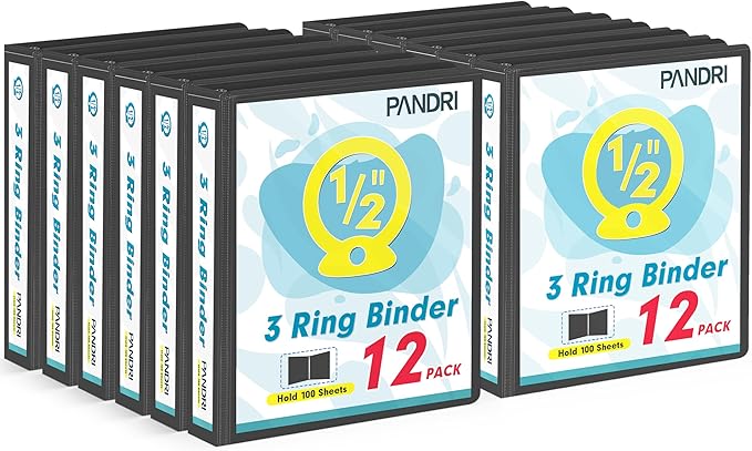 3 Ring Binder 0.5 Inch, PANDRI 12 Pack 0.5-Inch Binder Fits Letter Size 8.5'' x 11'' Paper, Versatile Binders for Office Home School, 2 Pockets, Black