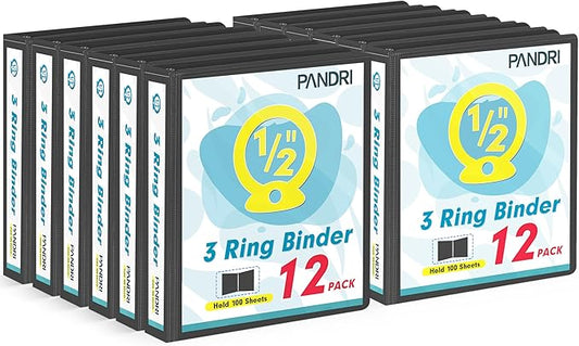 3 Ring Binder 0.5 Inch, PANDRI 12 Pack 0.5-Inch Binder Fits Letter Size 8.5'' x 11'' Paper, Versatile Binders for Office Home School, 2 Pockets, Black