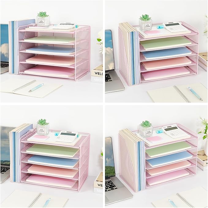 OPNICE 5-Tier Paper Organizer with Magazine Holder, Desk Organizers and Accessories, Office Desk Accessories & Workspace Organizers, Desktop File Organizer for Office Supplies Storage, Pink