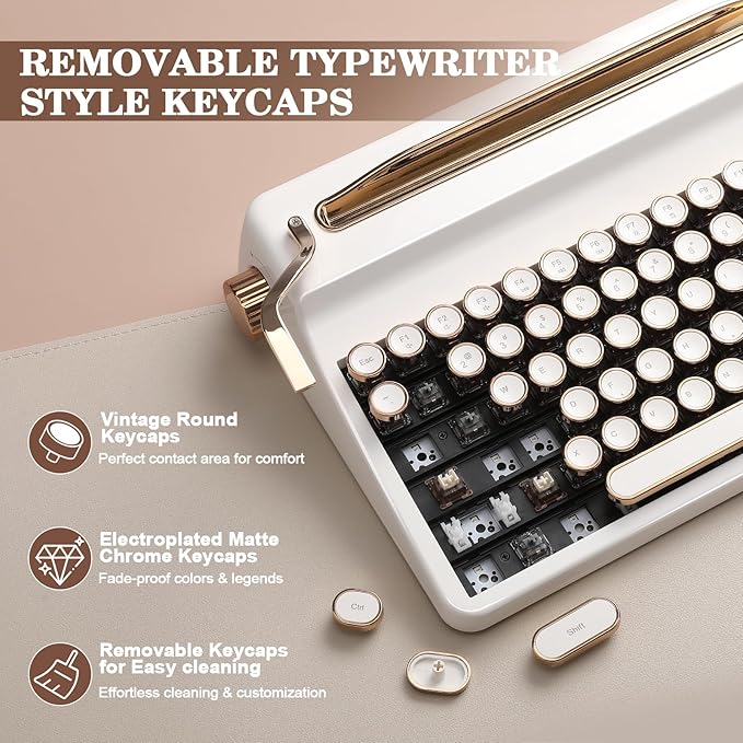 YUNZII QL75 Wireless Typewriter Hot Swap Retro Mechanical Keyboard,Punk Round Keycaps,RGB Backlit QMK/VIA Programmable, Multi-Device Keyboard with 2.4GHz/Type-C/BT5.0 (White, Onyx Switch)