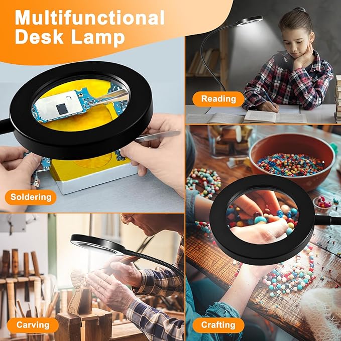 10X Magnifying Glass with Light and Timer, 2 in 1 Magnifying Desk Lamp, 3 Color Modes 10 Dimmable Brightness, Flexible Gooseneck Magnifier with Light for Craft Hobby Sewing Close Work(No Adapter)