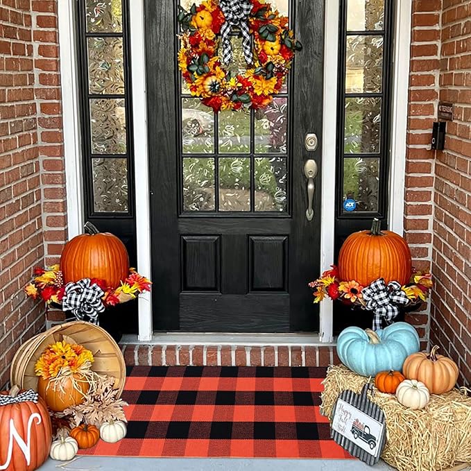 Buffalo Plaid Outdoor Rugs, 2'x4'3'' Orange and Black Checkered Indoor/Outdoor Area Rug, Layering Rug for Hello/Welcome Door Mat, Washable Cotton Woven Farmhouse Mat for Fall Front Porch Décor